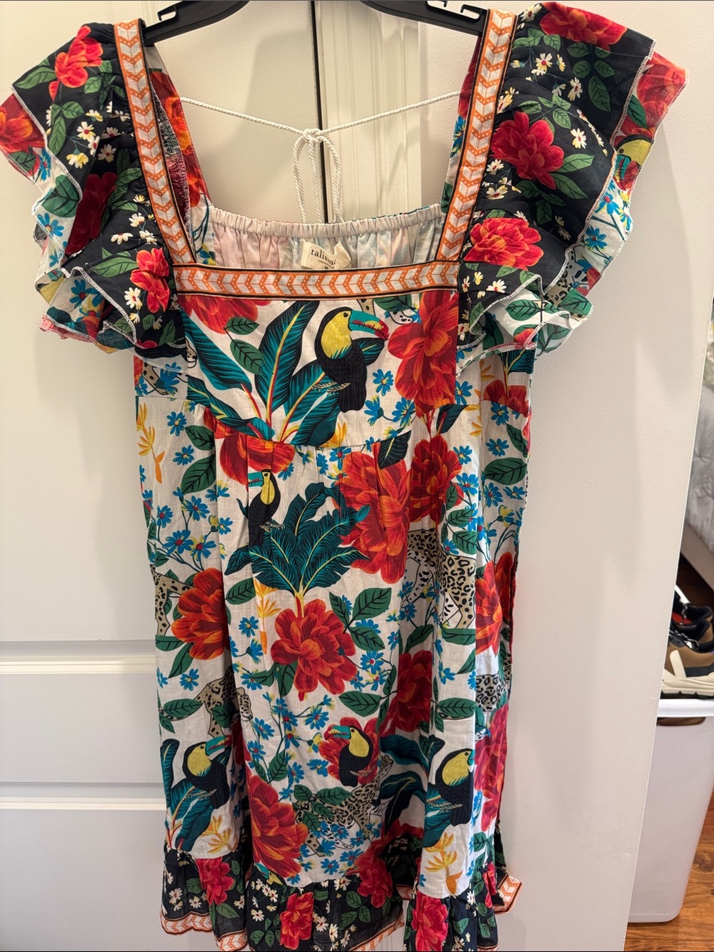 Italina Multicolor Floral Toucan Ruffled Square-Neck Tunic